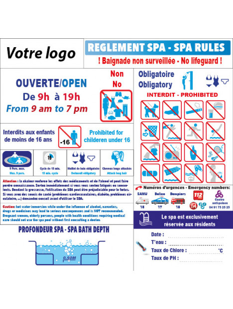 Panneau règlement spa avec profondeur en 2 langues