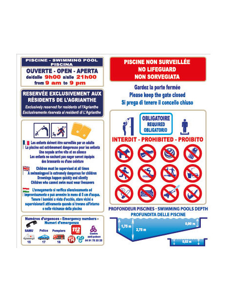Panneau règlement piscine avec profondeur en 3 langues
