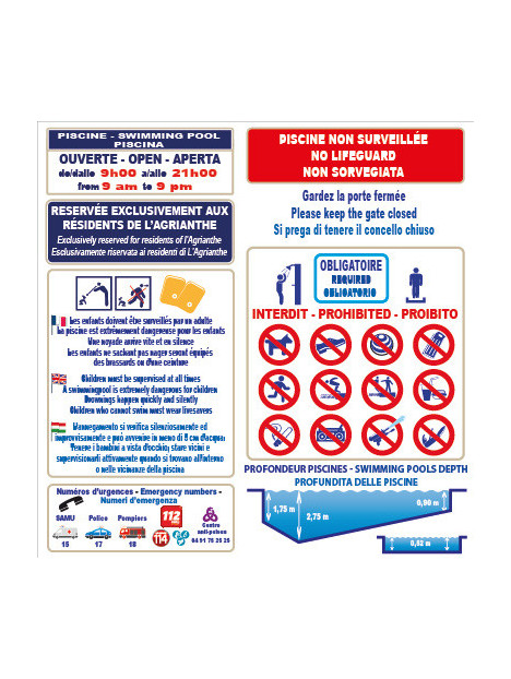 Panneau règlement piscine avec profondeur en 3 langues