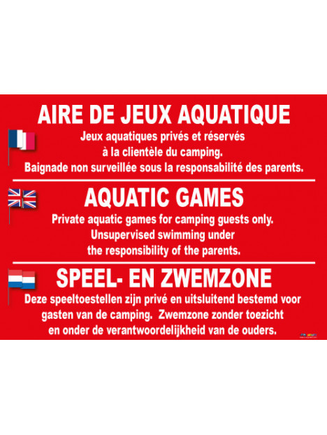Panneau Aire de Jeux aquatiques. Baignade non surveillé